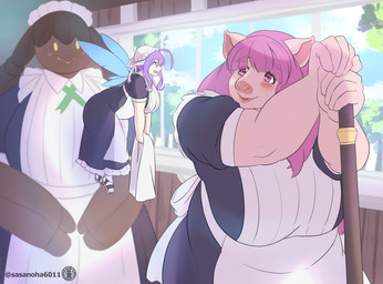 ahoge anthro apron big_breasts black_clothing black_dress black_hair breasts broom cleaning_tool clothing dress female female_anthro group hair holding_broom holding_cleaning_tool holding_object huge_breasts logo long_hair maid_uniform micro micro_female overweight overweight_anthro overweight_female pink_body pink_eyes pink_hair purple_hair text thick_thighs trio uniform white_apron white_clothing wide_hips sasanoha6011 raea_(sasanoha6011) domestic_pig fairy humanoid mammal suid suine sus_(pig) artist_logo artist_name hi_res