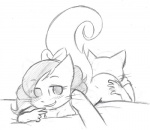 anthro bed bra breasts butt cleavage clothed clothing cunnilingus duo female fur furniture male male/female oral ribbons scarf sex smile underwear vaginal etchgerbil bittersweet_candy_bowl mike_(bcb) sandy_(bcb) domestic_cat felid feline felis korat_cat mammal sketch young_(lore)