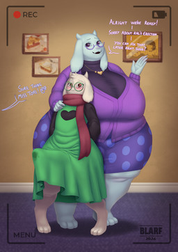 anthro big_breasts big_butt blush bodily_fluids bottomwear breasts brown_eyes butt camera_view cardigan clothed clothing clothing_lift dialogue dress dress_lift duo erection eyewear female femboy floppy_ears genital_fluids gesture glasses hand_on_shoulder head_tuft home horn huge_breasts huge_butt jewelry male necklace no_underwear obese obese_anthro obese_female overweight overweight_anthro overweight_female paws photo posing_for_picture precum purple_eyes recording scarf skirt tenting text thick_thighs tight_clothing tongue tongue_out tuft waving waving_at_viewer white_body wide_hips blarf deltarune undertale_(series) ralsei toriel bovid caprine goat mammal 2026 absurd_res english_text hi_res