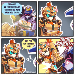 black_body blue_body blue_eyes breasts clothing cross-popping_vein crossed_arms dialogue duo face_punch female fist hat headgear headwear humor machine male mecha medium_breasts multicolored_body orange_body pink_eyes screen talking_to_another text visor_eyes white_body yellow_body saizuart metal_cardbot blue_cop_(metal_cardbot) tachy_(metal_cardbot) cheetah felid feline humanoid mammal robot robot_humanoid 1:1 2026 censored comic digital_drawing_(artwork) digital_media_(artwork) english_text hi_res