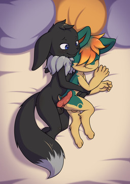 5_fingers anthro anthro_on_anthro balls black_arms black_balls black_body black_ears black_fingers black_fur black_hands black_legs black_nose black_tail blue_eyes dipstick_tail erection fingers fur genitals grey_body grey_fur grey_tail hair hug hugging_another hugging_from_behind knot male male/male markings nude penis tail tail_markings young young_anthro young_male minum nintendo pokemon fan_character miles_eon canid canine cyndaquil eevee generation_1_pokemon generation_2_pokemon mammal pokemon_(species) absurd_res hi_res