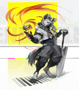 anthro bandolier barefoot bottomwear claws clothing ear_piercing eyebrow_piercing facial_piercing feet fur grey_body grey_fur hair jacket looking_at_viewer male melee_weapon piercing solo tail topwear weapon o_tout0 arknights hypergryph studio_montagne spot_(arknights) hyena mammal spotted_hyena 2026 absurd_res hi_res
