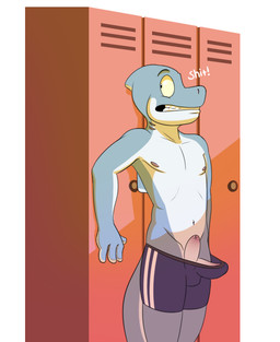 2_penises 4_fingers animal_genitalia animal_penis anthro biped clenched_teeth clothed clothing dialogue erection erection_under_clothing fingers foreskin genitals hemipenes locker locker_room male multi_genitalia multi_penis navel nipples penis pink_nipples solo standing swimming_trunks swimwear teeth tenting text granitemcgee aquatic fish shark english_text