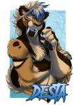 5_fingers abs amber_eyes biceps blonde_hair blue_hair brown_body brown_fur fangs fingers fur hair male solo teeth ifus desta felid mammal prehistoric_species saber-toothed_tiger smilodon 2018 digital_media_(artwork) hi_res portrait