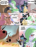 absurd_res anthro bella_the_lucario blue_body blush bodily_fluids breasts brown_body brown_fur canid canine clothed clothing cocoa_the_lopunny comic cooking detailed_background dialogue digital_media_(artwork) duo eating female feral fur gardevoir gardine_the_gardevoir generation_1_pokemon generation_2_pokemon generation_3_pokemon generation_4_pokemon green_hair group hair hi_res humor hungry lopunny lucario magikarp mammal master nintendo open_mouth outside panel_painting plant pokemon pokemon_(species) pokemon_infection red_eyes remoraid saliva scar shiny_pokemon simple_background slasheramaya smile solo spanish_text teeth text tongue translated tree water white_body