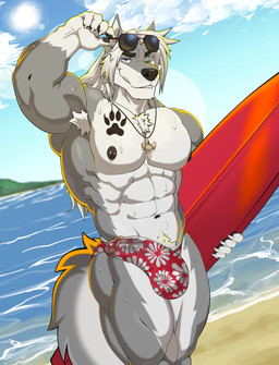 abs anthro armpit_hair balls_outline barazoku beach black_nipples body_hair bulge chest_tattoo chest_tuft clothing detailed_bulge erection erection_under_clothing erection_under_speedo eyewear floral_print footprint fur genital_outline genitals glans glans_outline grey_body grey_fur hair happy_trail holding_object holding_surfboard humanoid_genitalia humanoid_penis lifting_glasses long_hair looking_at_viewer male muscular muscular_male nipple_piercing nipples one_eye_closed pawprint pawprint_tattoo pecs penis penis_outline piercing presenting_armpit sand sharktooth_necklace showing_armpit smile smiling_at_viewer smirk smirking_at_viewer solo speedo sunglasses sunglasses_lift surfboard swimwear tattoo tuft water white_body white_fur white_hair wink winking_at_viewer wolfybuns mac_b._howlin canid canine canis mammal wolf absurd_res hi_res