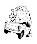 4_fingers anthro biped car exclamation_point fingers kemono question_mark retro_car simple_background slightly_chubby solo surprise vehicle white_background gayousi7 felid mammal 2021 hi_res monochrome