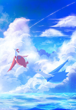 ambiguous_gender blush cloud duo feral multicolored_body red_eyes sea sky smile two_tone_body water yellow_eyes natu_a0z0ra nintendo pokemon generation_3_pokemon latias latios legendary_pokemon pokemon_(species) 2026 hi_res signature female_(lore) male_(lore)