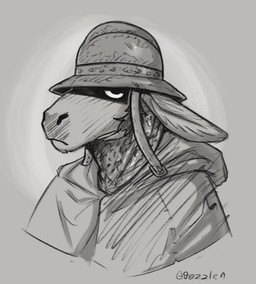 anthro armor clothed clothing ears_back headgear helmet looking_at_viewer male male_anthro mouth_closed pivoted_ears simple_background solo jezzlen chuy_(jezzlen) asinus donkey equid equine mammal bust_portrait monochrome portrait signature sketch
