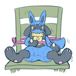 after_transformation ambiguous_gender black_body black_fur blue_body blue_fur blue_hair bound chest_spike fabric feral frozen_expression fur hair implied_transformation looking_at_viewer plushie_transformation plushification seam_(sewing) shrunken solo spikes spikes_(anatomy) tan_body tan_fur tied_to_chair toy_transformation toyification kareha_21909 nintendo pokemon canid canine generation_4_pokemon lucario mammal pokemon_(species) 1:1