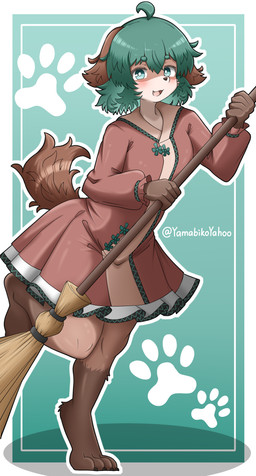 anthro anthrofied blush broom brown_tail cleaning_tool clothing digitigrade dress female green_eyes green_hair hair holding_broom holding_cleaning_tool holding_object kemono on_one_leg open_mouth open_smile raised_foot simple_background smile solo standing tail yamabikoyahoo touhou kyouko_kasodani canid mammal absurd_res hi_res