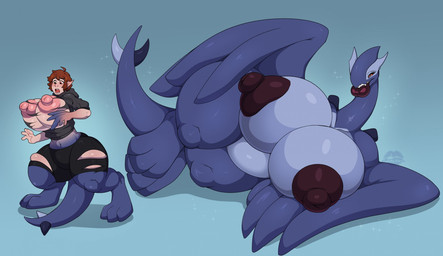 before_and_after big_breasts blush breasts brown_hair clothing female hair huge_breasts hyper hyper_breasts lips nipples nude open_mouth purple_body solo species_transformation standing surprised tail thick_lips thick_thighs torn_clothing transformation transformation_sequence lebustyferals nintendo pokemon generation_3_pokemon human legendary_pokemon mammal pokemon_(species) shadow_lugia shadow_pokemon 2025 digital_media_(artwork) hi_res