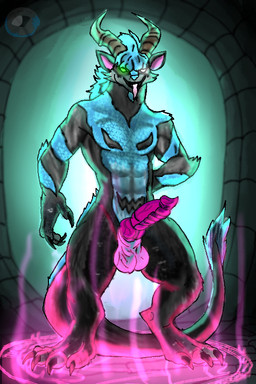 animal_genitalia anthro bottomwear clothing genitals horn knot loincloth looking_at_viewer magic male muscular muscular_male pecs sheath solo standing tongue cor1998l dex_longtail demon 2:3