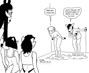 anthro bowing breasts clothed clothed_anthro clothed_female clothing dialogue electric_shears eyes_closed female fingers group hooved_fingers hooves horn midriff nipples nude nude_anthro nude_female scut_tail shirt short_tail tail tank_top text topwear whisker_spots whiskers tegerio alexia_minkworthy bella_minkworthy celina_minkworthy dodie_o'doe lana_lynne miss_thompson_(tegerio) antelope bovid caprine deer gazelle mammal mink mustelid musteline sheep thomson's_gazelle true_antelope true_musteline 2024 black_and_white english_text monochrome