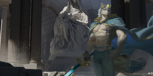 abs anthro black_nose blue_bottomwear blue_cape blue_clothing blue_pants bottomwear cape clothed clothing front_view fur grey_body grey_fur holding_melee_weapon holding_object holding_sword holding_weapon male melee_weapon mouth_closed muscular muscular_anthro muscular_male navel nipples orange_eyes pants pecs pink_nipples solo standing sword weapon white_body white_fur awaldkize canid canine mammal absurd_res hi_res