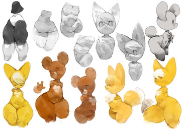 ambiguous_gender anthro breasts brown_body brown_fur butt eyes_closed featureless_crotch female front_view fur hair looking_aside navel nude open_mouth side_view simple_background tail thick_thighs white_background white_hair yellow_body yellow_fur koki bear canid canine fox mammal 2019 digital_media_(artwork) hi_res
