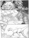 animal_genitalia anthro armband armlet athletic chris_sawyer cloaca clothed clothing comic detailed_background digitigrade dinosaur dromaeosaurid duo ear_piercing fangs felid feral genitals grass greyscale hi_res hunter hunting male mammal mane melee_weapon monochrome nude outside partially_submerged piercing plant polearm prehistoric_species prey_for_me_(comic) reptile river running saber-toothed_tiger scales scalie shocked snarling spear surprise teeth theropod topless velociraptor vertical_cloaca water weapon