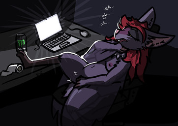 anthro areola asphyxiation autoerotic_asphyxiation beverage breasts breath_play chair choking computer computer_mouse detailed_background ear_piercing electronics erotic_asphyxiation female fingering fur furniture genitals hair laptop leaning leaning_backward masturbation membrane_(anatomy) membranous_wings nipples nude office_chair open_mouth penetration piercing purple_body purple_fur semi-anthro sitting solo spread_legs spreading tail text toilet_paper vaginal vaginal_fingering vaginal_masturbation vaginal_penetration winged_arms wings bizart monster_energy velika_(bizart) bat flying_fox mammal megabat 2025 aliasing digital_media_(artwork)