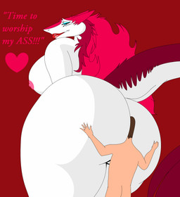 anthro big_breasts big_butt blue_eyes body_worship breasts butt butt_worship duo eyeshadow female hair head_between_buttocks heart_after_text heart_symbol human_on_anthro interspecies larger_anthro larger_female lips lipstick makeup male male/female male_human nipples nude red_background red_hair red_text simple_background size_difference smaller_human smaller_male stinkface tail text text_with_heart white_body bigboy4025_(artist) roxanne_bubbles human mammal sergal 2015 absurd_res english_text hi_res