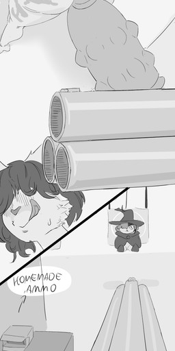 anthro big_butt biped blush bodily_fluids breasts butt dildo female gun hair hair_over_eyes hyper_dildo licking licking_lips licking_own_lips penetration ranged_weapon sex_toy shallow_penetration solo sweat text tongue tongue_out weapon dreamy_pride felid mammal absurd_res hi_res monochrome