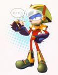 anthro armor blue_body blue_fur boots clothing costume duo feral feralized footwear fur gloves green_eyes handwear headgear helmet holding_character male shoes simple_background size_difference square_crossover standing visor white_background den255 archie_comics sega sonic_the_hedgehog_(archie) sonic_the_hedgehog_(comics) sonic_the_hedgehog_(series) zonic_the_zone_cop eulipotyphlan hedgehog mammal