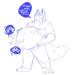 2016 ambiguous_gender ambiguous_prey anthro belly big_belly blue_line_art blue_monochrome canid canine clothing colored_line_art english_text fox fur joe_forest_(wildside) male male_pred mammal monochrome navel overweight shirt solo squirming text topwear unbuttoned vore wildside