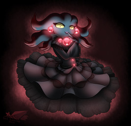 black_body black_hair black_skin clothed clothing dress female glowing hair looking_at_viewer not_furry pokemorph purple_body purple_hair purple_skin smile solo text yellow_sclera latiar nintendo pokemon generation_2_pokemon ghost humanoid misdreavus pokemon_(species) spirit 2016 english_text hi_res watermark