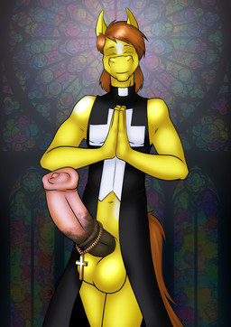 animal_genitalia animal_penis anthro balls big_balls big_penis biped brown_hair clothed clothing cross equine_genitalia equine_penis erection eyebrows eyes_closed flared_penis front_view genitals hair huge_penis hyper hyper_genitalia hyper_penis male medial_ring mouth_closed navel no_underwear partially_clothed penis praying_hands priest priest_robes religion sacrilegious short_hair skimpy solo standing danaume christianity equid equine horse mammal 2026 hi_res