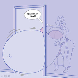 anthro belly big_belly big_breasts blush bottomwear breasts clothing copyright_symbol doorway female hair huge_belly huge_breasts hyper hyper_belly hyper_breasts hyper_pregnancy navel open_mouth outie_navel pregnant pregnant_anthro pregnant_female robe solo speech_bubble stuck symbol text thick_thighs topwear satsumalord elaine_(satsumalord) lagomorph leporid mammal rabbit 1:1 2025 digital_media_(artwork) english_text hi_res sketch