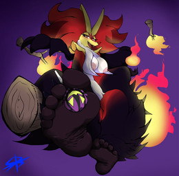 anthro areola breasts candy claws dessert elemental_manipulation feet female fire fire_manipulation floating food foot_focus gradient_background humanoid_feet lollipop looking_at_viewer nails nipples pink_areola pink_nipples plantigrade purple_background simple_background sitting smile soles solo stick toe_claws toenails toes wrinkled_feet wrinkles signified-blue nintendo pokemon generation_9_pokemon mega_delphox mega_evolution pokemon_(species) absurd_res hi_res signature