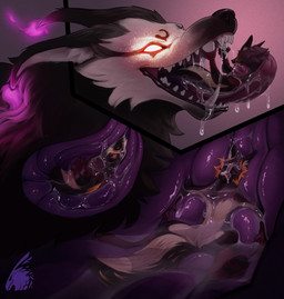 anthro bodily_fluids duo fur glowing glowing_eyes internal logo male male/male male_pred male_prey oral_vore orange_body orange_fur saliva sharp_teeth swallowing tail teeth vore white_body white_fur zeanlain flynn_(zeanlain) canid canine fox mammal artist_logo colored hi_res