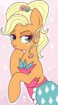 blonde_hair clothed clothing drag_(fashion) drag_queen dress duckface eyebrows eyelashes female feral freckles fur gem green_eyes hair half-closed_eyes hooves jewelry long_hair looking_at_viewer narrowed_eyes orange_body orange_fur pink_background simple_background smile solo lulubell friendship_is_magic hasbro my_little_pony apple_jewel_(mlp) applejack_(mlp) earth_pony equid equine horse mammal pony 2014