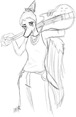 anthro electric_guitar female guitar jewelry long_snout looking_at_viewer musical_instrument necklace plucked_string_instrument shaved_head simple_background snout solo standing string_instrument tired_eyes white_background lmbr cavemanon_studios goodbye_volcano_high ko_op_(game_developer) snoot_game fang_(gvh) prehistoric_species pterosaur reptile scalie monochrome sketch