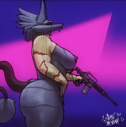 anthro ar-15 assault_rifle big_breasts black_body black_fur breasts clothed clothing curvy_figure eyes_closed eyewear female fingers fur gun hair holding_gun holding_object holding_ranged_weapon holding_weapon ineffective_clothing lips m231 mostly_nude nipples ranged_weapon rifle solo striped_body striped_fur stripes sunglasses thick_bottom_lip thick_thighs tight_clothing voluptuous weapon sligarthetiger dubmare canid canine canis mammal wolf 2021 hi_res signature