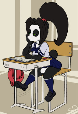 adolescent anthro arm_support backpack black_body black_clothing black_footwear black_nose black_shoes blue_bottomwear blue_bow blue_clothing blue_footwear blue_shirt blue_skirt blue_socks blue_topwear book bored bottomwear bow_accessory chair clothed clothing clothing_bow desk eraser eyelashes female footwear furgonomics furniture genitals green_eyes hair half-closed_eyes head_on_hand legwear loli multicolored_body narrowed_eyes no_underwear pencil_(object) ponytail pouting school_uniform shirt shoes sitting skirt socks solo swinging_legs table tail tail_through_skirt topwear two_tone_body uniform upskirt vulva white_body white_clothing white_shirt white_topwear young young_anthro young_female squeedrii_(artist) blizzard_entertainment warcraft li_li_stormstout bear mammal pandaren hi_res