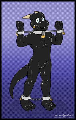 abs ankle_cuffs bound bulge chair clothing collar cuff_(restraint) cuffs_to_collar detailed_bulge furniture genital_outline gimp_suit latex lock male muscular muscular_male null_bulge padlock padlocked_collar penis_outline restraints shackles skinsuit solo tight_clothing wrist_cuffs zipper zipper_mouth vir-no-vigoratus lizard reptile scalie