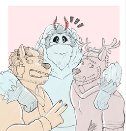 anthro barazoku beard body_hair clothing cosplay costume ear_piercing eyebrow_piercing facial_hair facial_piercing fangs fur gesture group hand_gesture happy male muscular muscular_anthro muscular_male mustache neck_tuft piercing pose red_body shirt smile teeth topwear trio tuft v_sign yellow_body yellow_fur zordykeaboo home_zomewhere_else chad_harman fred_kent mothoc arthropod canid canine canis dobermann domestic_dog german_shepherd herding_dog hybrid insect lepidopteran mammal mastiff molosser moth pastoral_dog pinscher rottweiler hi_res