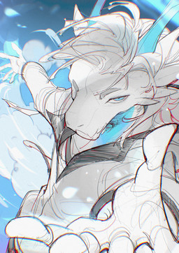 2_horns 5_fingers anthro blue_background blue_body blue_eyes blue_horn blue_pupils clothed clothed_anthro clothed_male clothing eyebrows fingers flesh_fang grey_clothing grey_eyebrows grey_jacket grey_topwear hair head_horn horn jacket looking_at_viewer male mouth_closed pupils simple_background slit_pupils solo topwear white_body white_hair white_sclera chiayeeee mythology dragon mythological_creature mythological_scalie scalie 2024 absurd_res chromatic_aberration digital_drawing_(artwork) digital_media_(artwork) half-length_portrait hi_res portrait