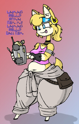 anthro arm_tuft bandage bandaged_arm barefoot belly belt belt_pouch big_butt biped black_choker black_clothing black_gloves black_handwear black_hooves black_jewelry black_necklace blue_eyes blue_lens bodysuit bottomwear breasts brown_belt butt cheek_tuft choker clothed clothed_anthro clothed_female clothing countershade_face countershade_fur countershade_torso countershading ear_piercing ear_ring electronics eyelashes eyewear eyewear_on_head facial_tuft feet female female_anthro focused fur fur_tuft glistening glistening_eyes gloves gloves_(marking) goggles goggles_on_head grey_bodysuit grey_clothing grey_skinsuit hair handwear holding_object holding_screwdriver holding_tool hooves huge_butt huge_hips huge_thighs jewelry leg_markings machine markings midriff navel necklace piercing pink_clothing pink_shirt pink_tank_top pink_tongue pink_topwear ponytail pouch_(clothing) purple_text ring_piercing screwdriver scut_tail shirt short_tail shoulder_tuft skinsuit slightly_chubby slightly_chubby_anthro slightly_chubby_female small_feet socks_(marking) solo standing tail tan_body tan_countershading tank_top text thick_thighs tight_clothing tongue tongue_out tools topwear tuft unguligrade wide_hips yellow_body yellow_ears yellow_fur yellow_tail yellow_tuft blayaden rickroll sam_(blayaden) catrobis felid feline mammal 2022 character_cipher colored full-length_portrait meme portrait shaded