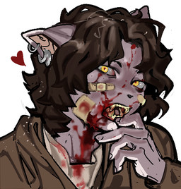 anthro bandage bandage_on_face blood blood_on_face bodily_fluids brown_hair clothing ear_piercing ear_ring fangs grey_body grey_skin hair heart_symbol holding_mouth looking_at_viewer male open_mouth overcoat piercing pointy_ears ring_piercing sharp_teeth shirt short_hair simple_background solo teeth topwear yellow_eyes ddcrushh dylan_(ddcrushh) felid feline mammal bust_portrait digital_drawing_(artwork) digital_media_(artwork) portrait trans_(lore) trans_man_(lore)