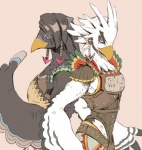 anthro clothing duo feathers green_eyes looking_at_viewer looking_back male multicolored_body multicolored_feathers simple_background standing yellow_eyes ningukt breath_of_the_wild nintendo the_legend_of_zelda harth_(tloz) teba_(tloz) avian bird rito