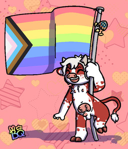 anthro balls flag genitals hooves horn lgbt_pride male nude penis pride_colors progress_pride_colors solo teats udders young bunnyqueen tomodachi bovid bovine cattle mammal