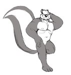 anthro black_body black_nose fur hair hair_over_eyes hand_behind_head long_tail male muscular muscular_anthro muscular_male nipples pecs simple_background smile solo tail white_body white_fur maychin looney_tunes warner_brothers pitu_le_pew mammal mephitid digital_media_(artwork) monochrome sketch