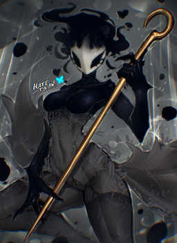 biped black_body black_eyes breasts clothing female fingers grey_clothing holding_melee_weapon holding_object holding_weapon melee_weapon pose solo text weapon hatidraw hollow_knight:_silksong hollow_knight_(franchise) team_cherry phantom_(hollow_knight:_silksong) arthropod 2025 english_text hi_res signature