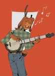 anthro antlers bangs banjo_(instrument) belly belt black_tipped_ears blue_bottomwear blue_clothing blue_jeans blue_pants bottomwear broken_antler brown_belt brown_body brown_fur brown_hair buckteeth clothing collared_shirt denim denim_bottomwear denim_clothing eyes_closed facial_hair floppy_ears fur green_plaid hair horn jeans long_sleeves lop_ears male musical_instrument musical_note musical_symbol mustache open_mouth orange_background pants pattern_clothing pattern_shirt pattern_topwear pencil_mustache plaid plaid_clothing plaid_shirt plaid_topwear playing_banjo playing_music plucked_string_instrument shirt short_tail simple_background singing solo standing string_instrument symbol tail tan_belly teeth topwear yellow_belt_buckle crickitt jackalope lagomorph mammal digital_media_(artwork) hi_res portrait three-quarter_portrait