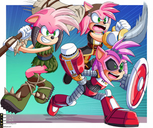 anthro arm_cannon belt bracelet clothing cybernetics female footwear group hammer holding_object jewelry machine melee_weapon motion_lines pirate ranged_weapon running shield shoes simple_background smile spiked_clothing spikes sword teeth tools trio weapon weapon_arm efraart_mix netflix sega sonic_prime sonic_the_hedgehog_(series) amy_rose black_rose_(sonic) rusty_rose thorn_rose_(sonic) cyborg eulipotyphlan hedgehog mammal robot hi_res