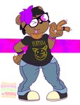 anthro band_merch bottomwear claws clothed clothing denim denim_bottomwear denim_clothing ear_piercing eyewear femboy footwear fur gesture glasses hair hand_gesture jeans looking_at_viewer male one_eye_closed pants piercing pink_eyes print_clothing print_shirt print_t-shirt print_topwear purple_hair shirt shoes slightly_chubby slightly_chubby_anthro slightly_chubby_male sneakers solo t-shirt thick_thighs tongue tongue_out topwear v_sign wide_hips wink winking_at_viewer baconfetish'ntomato nirvana gavin_pearson bear mammal absurd_res hi_res