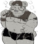 anthro bodily_fluids bottomwear clothing eyewear glasses hat headgear headwear kemono male moobs navel nipples overweight overweight_anthro overweight_male shirt shorts simple_background solo sweat topwear white_background buta5kawa bear mammal 2021 hi_res