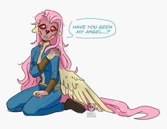 anthro boots clothing dialogue feathered_wings feathers female footwear hair kneeling looking_at_viewer overalls pink_hair pink_tail red_eyes shoes simple_background solo tail text white_background wings yellow_body redxbacon fallout friendship_is_magic hasbro microsoft my_little_pony mythology fluttershy_(mlp) equid equine ghoul_(fallout) mammal mythological_creature mythological_equine pegasus english_text