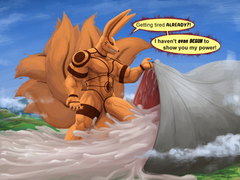 abs anthro balls big_balls big_penis bodily_fluids cum cum_inflation cum_inside duo extreme_inflation extreme_size_difference forest genital_fluids genitals huge_balls huge_penis humanoid_genitalia humanoid_penis hyper hyper_balls hyper_genitalia hyper_penis inflation living_condom macro male male/male markings muscular muscular_anthro muscular_male muscular_thighs nipples penis plant size_difference speech_bubble tail text tree vein veiny_penis kittykage mythology naruto kurama nol canid canine dragon fox mammal mythological_creature mythological_scalie scalie tailed_beast 4:3 english_text